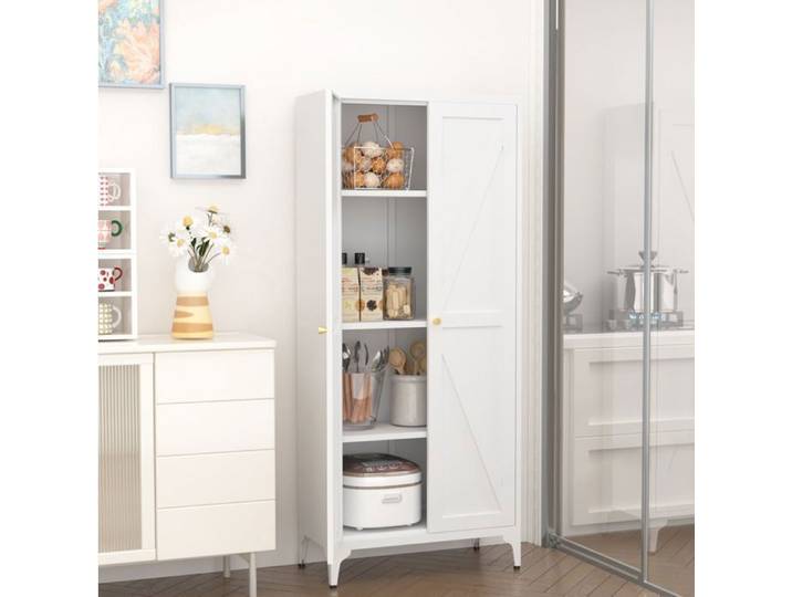 MEULVA Armoire de rangement haute en métal blanc 2 portes 3 étagères réglables revêtement poudré