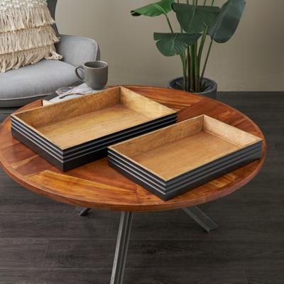 ARCILLA ELEMENTAL Brown Mango Wood Handmade Living Room Decor Tray with Black Groove Exterior (Set of 2)