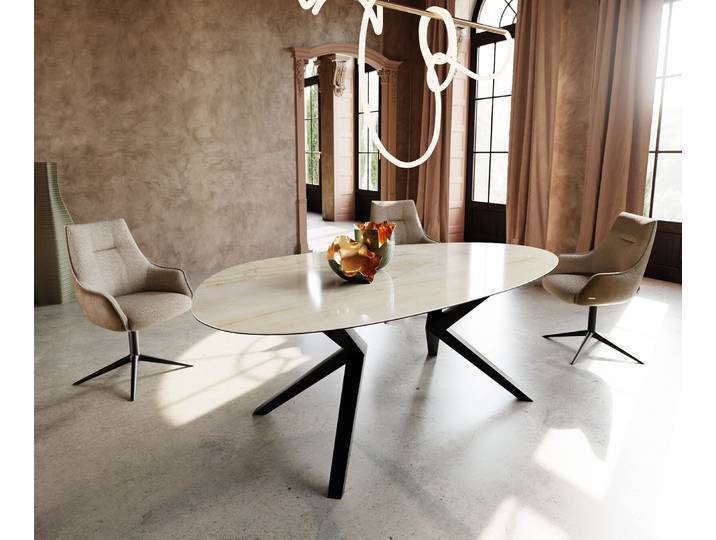 Esstisch Edge Oval 220x120 Keramik Iris FMG Onice Oro Zenthara kantig Metall Schwarz, Esstische