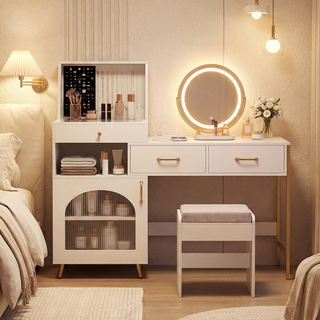 Fairmont Park Dressing Table White/Gold 128cm H X 136cm W X 43cm D
