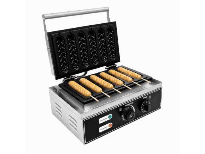 Waffel Am Stiel Waffeleisen, 1500W Edelstahl Elektrische Waffeleisen, Waffelautomat für Corn Dogs 6 Waffeln in 5 Minuten, 50-300°C Einstellbare 38,5 x 27,5 x 22,5 cm für Bäckereien Restaurants Kioske