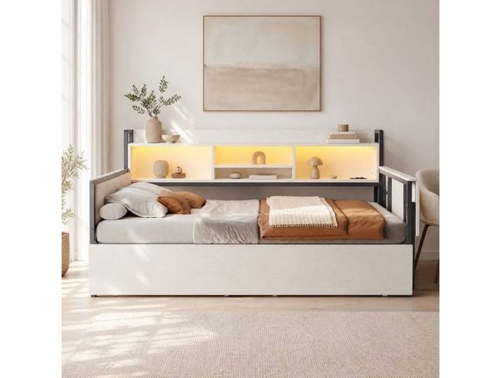 VUENOR Lit combiné 90x200 cm blanc – LED tiroirs bureau rabattable sans matelas