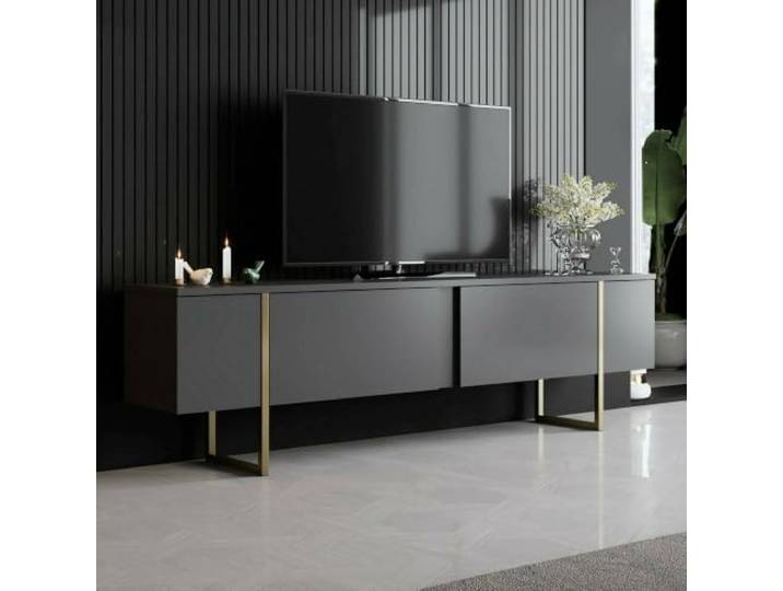 Dmora - Fernsehschrank Centaurus, Ständer für Wohnzimmerfernseher, Niedriges Wohnzimmer-Sideboard, TV-Ständerbasis, 180x30h50 cm, Anthrazit und Gold