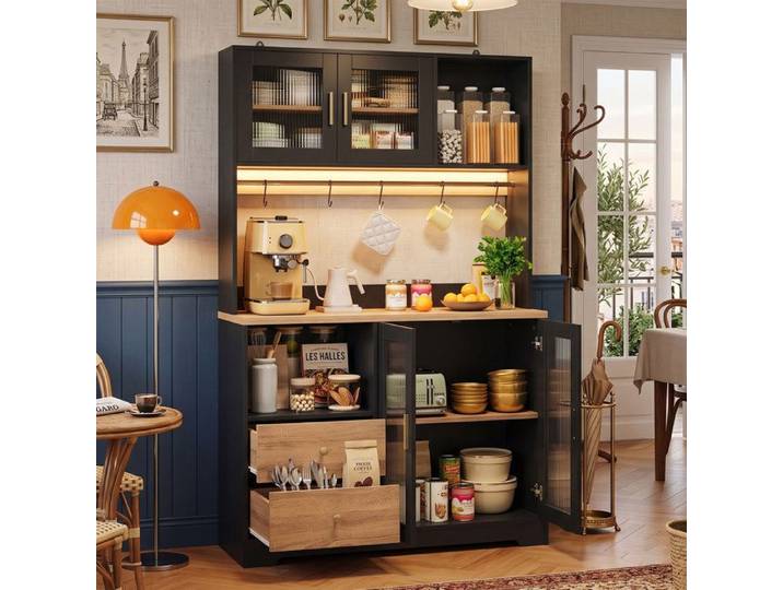 Buffet Cuisine 110x40x178cm Grand Rangement LED Design Soigné - Prises USB & Vitrine Verre - Noir et Bois