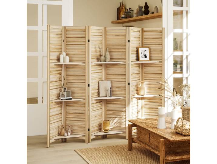 Paravent intérieur 4 panneaux 3 étagères en bois naturel effet brûlé