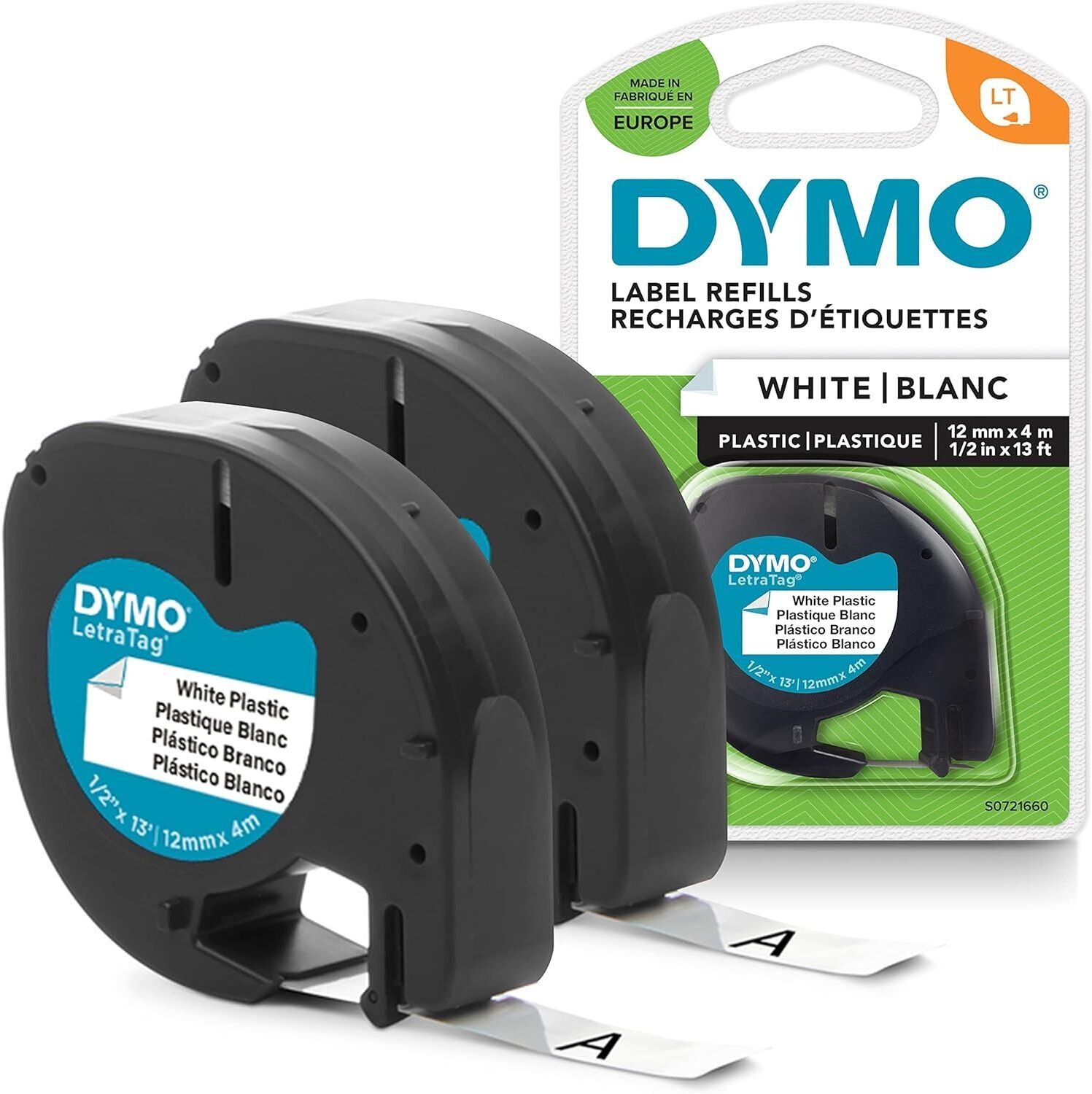 Dymo LetraTag Genuine Plastic Label Tapes   12mm x 4m   Black Print on White   Durable Self-Adhesive Multi-Surface Rolls   Pack of 2