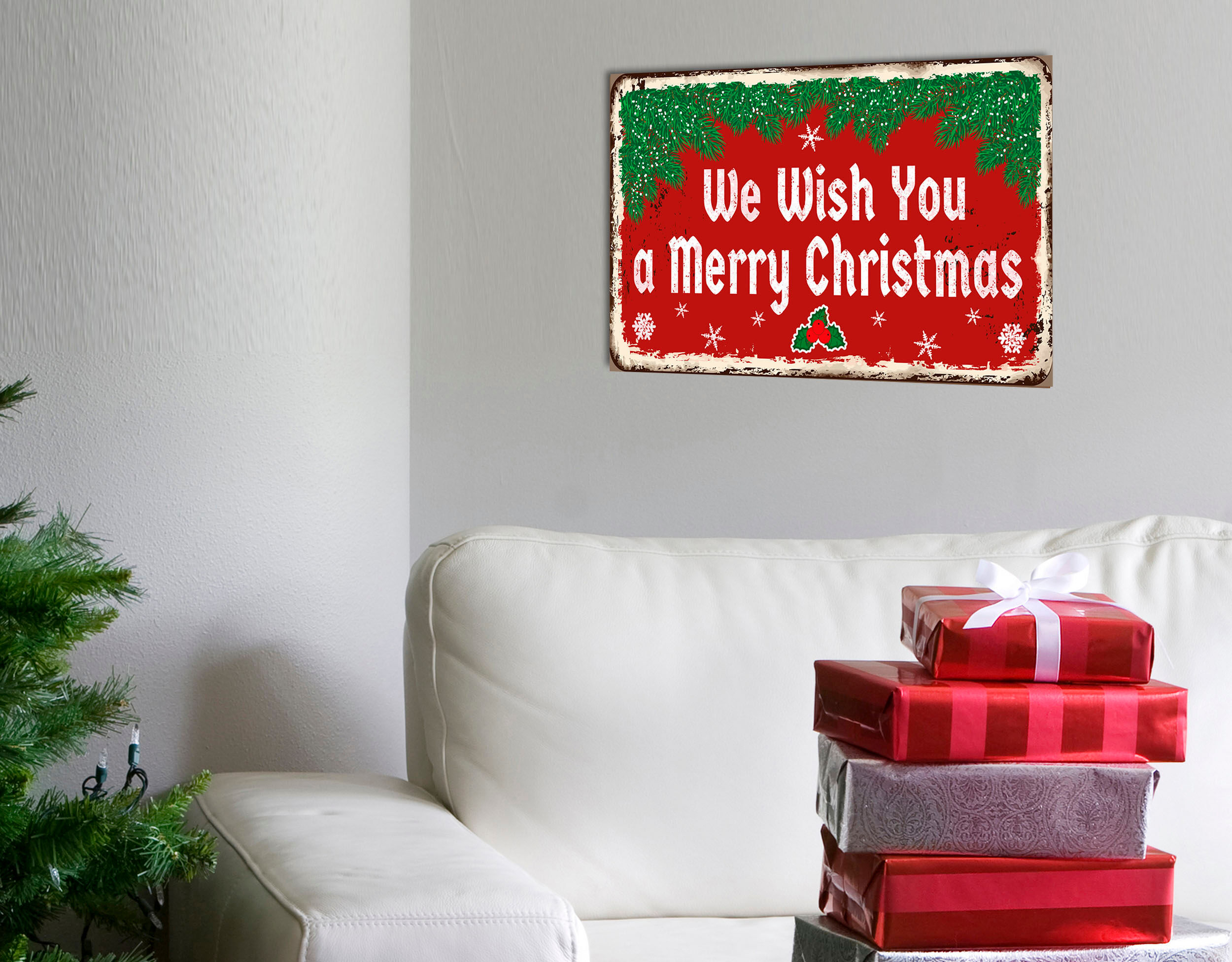 Metallbild QUEENCE "We Wish You a Merry Christmas", grün (farbe bild(er): grün, rot), B:30cm H:20cm, Metall, Stahl, Bilder, Stahlschilder