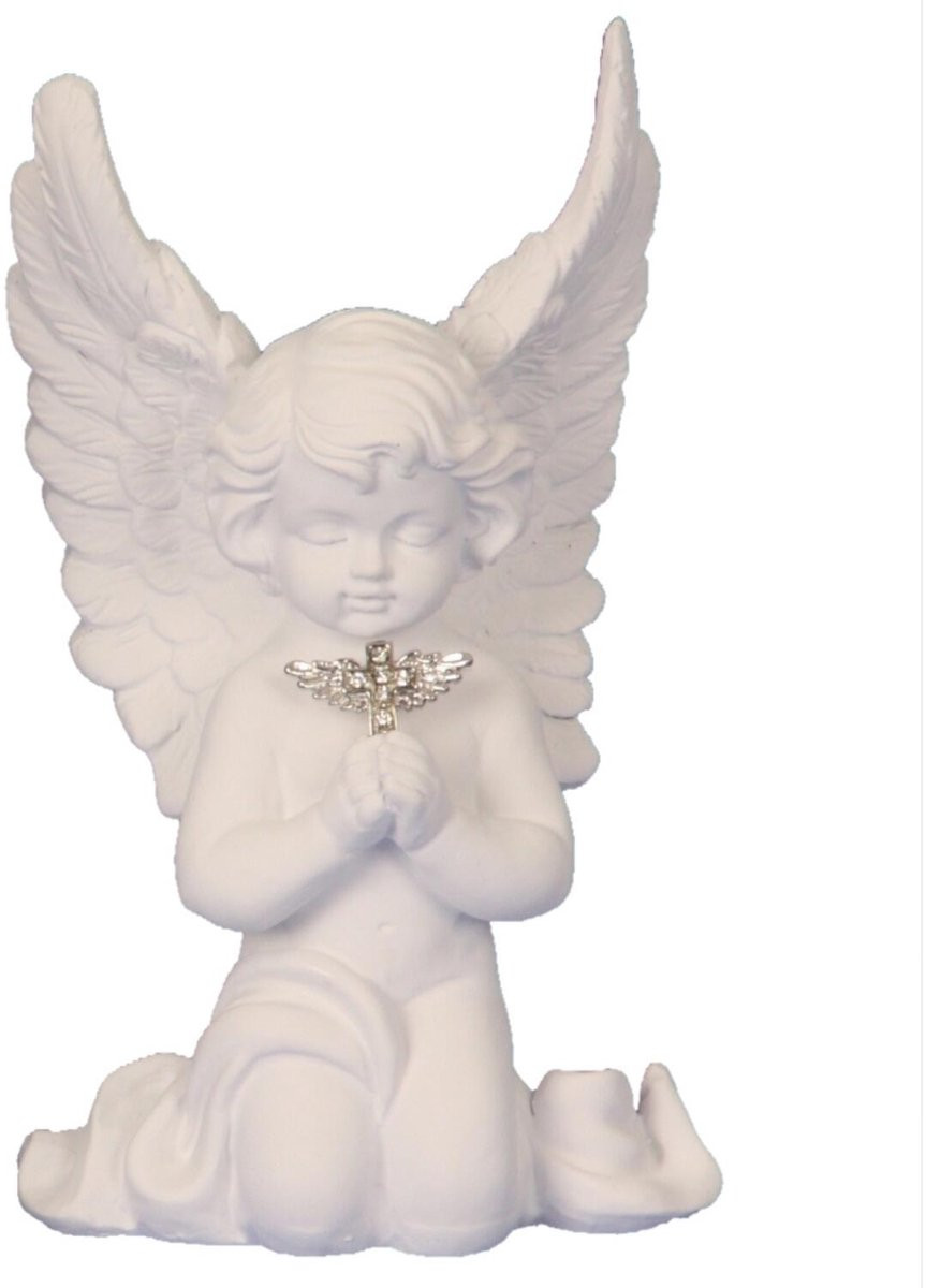 Wit biddend engeltje decoratiebeeldje van porselein, Hoogte: 16 cm