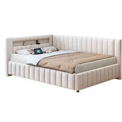 OKWISH L-förmiges Schlafsofa 140x200 mit LED-Lichtstreifen, USB-Anschluss, Samtpolster, Lattenrahmen, Rückenlehne und Kopfteil, bequem & platzsparend, Beige