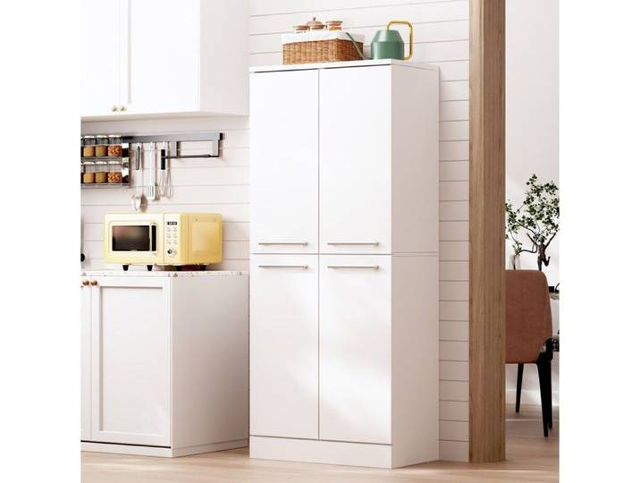 meuble colonne armoire de cuisine garde-manger blanc brillant 4 portes étagères réglables MDF 76x42x180 cm ORVRYN