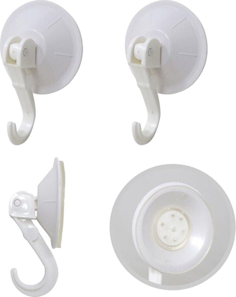 Set van 6 witte kunststof ophanghaken met zuignap voor badkamer en keuken, diameter: 6,7 cm