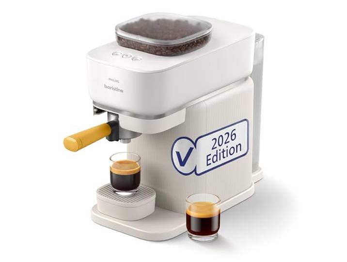 PHILIPS Baristina Espressomaschine mit Milchaufschäumer, Weiß, 16 Bar mahlt, tampt & brüht automatisch, leichte Reinigung, Keramikmahlwerk (BAR305/03)