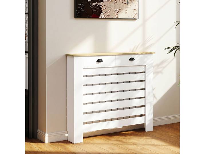 HOMCOM Cache Radiateur Bois 2 Tiroirs Blanc 111x19x95,5 cm