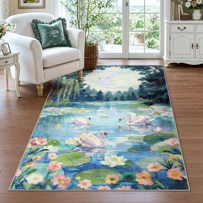 Bluebell Impressionist Oil Painting Area Rug, Soft Cashmere Swan Lake Floor Rug