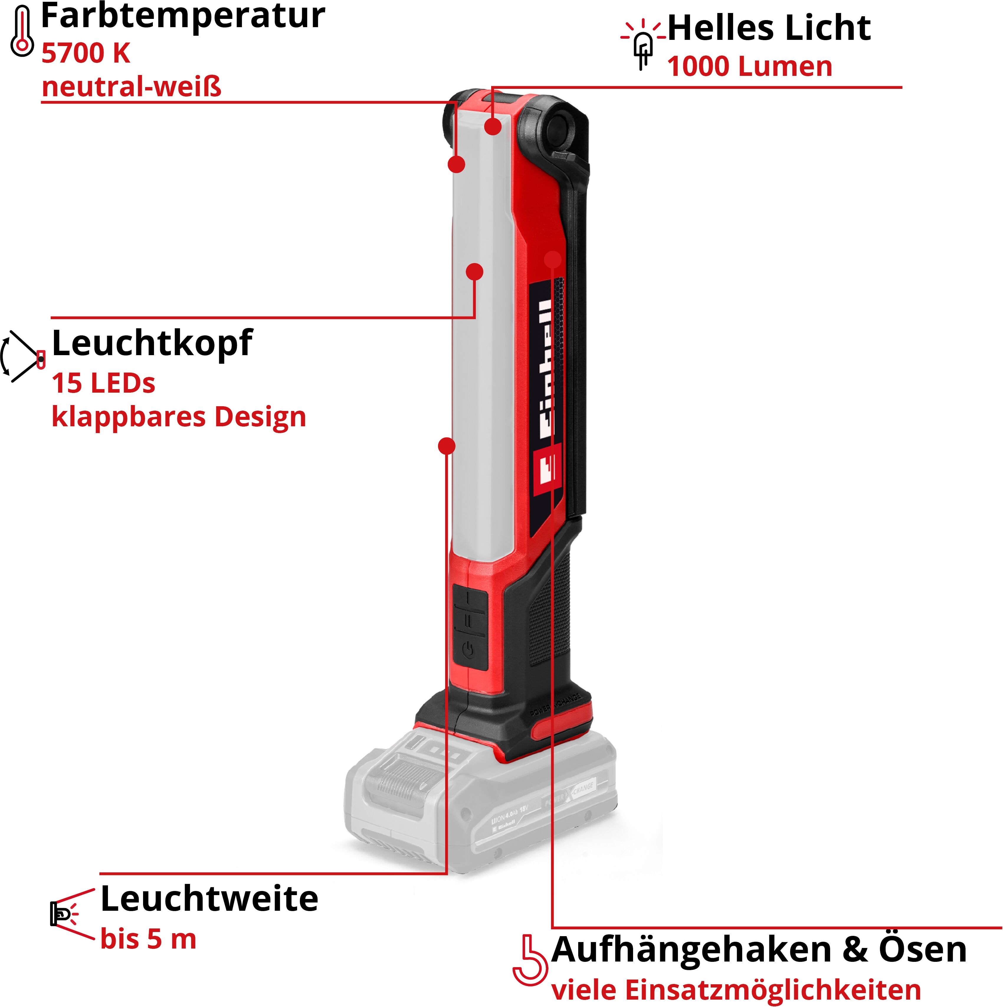 Handleuchte EINHELL "Akku-Lampe TE-CL 18/1000 S Li - Solo", rot, B:8,4cm L:33,1cm, Mobilleuchten, Handleuchte, ohne Akku und Ladegerät