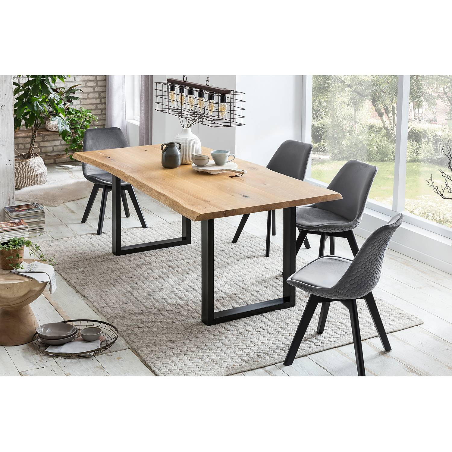 home24 Eettafel Windfall Bruin met Houten Live Edge Blad en Metalen Sled Base