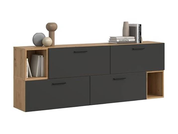 xonox.home – Wohnkombination The One 176x97x34 cm in Artisan Oak und Basalt – Wandkombination mit 4 Klappen – 10 Fächer bieten reichlich Stauraum & EIN natürliches Design mit modernem Basalt-Ton