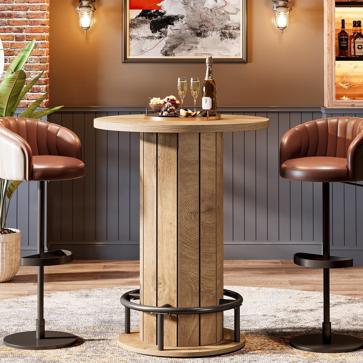 Little Trees Ronde Bartafel - Lichtbruin - Hout met metalen voetsteun - Modern