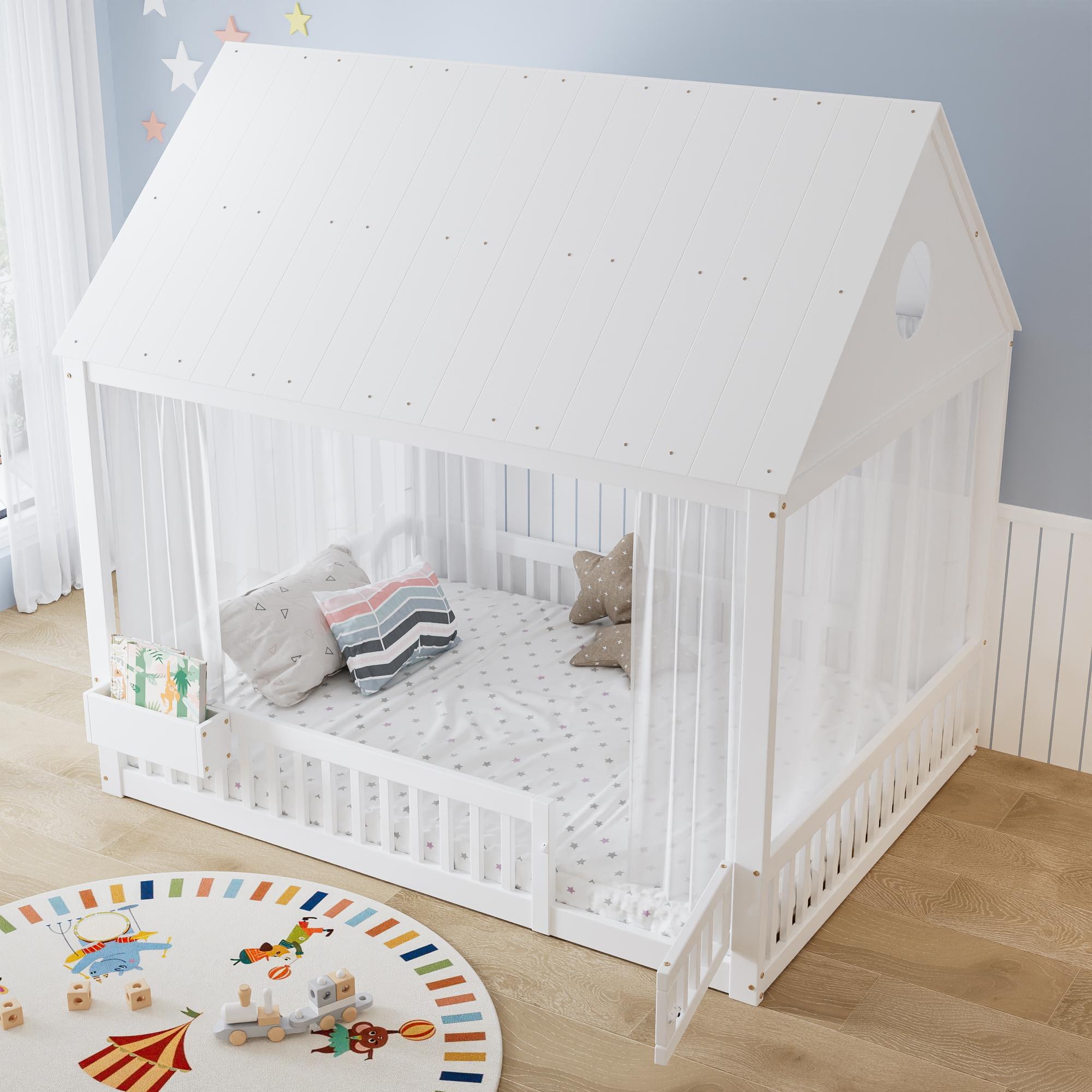 MODFU Einzelbett 140x200 mit einer kleinen Tür und einem Geländer Kinderbett Hausbett mit Vorhängeschirme und Stauraumfach ohne Matratze Weiß