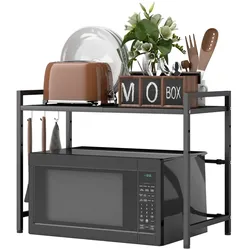 MODFU Mikrowellenregal ausziehbar Schwarz 64x32x48 cm mit 3 Haken, Metall Küchentheken Organizer, stabile Füße, für Geräte und Zubehör