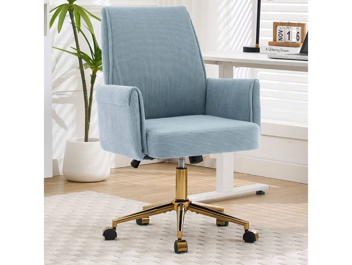 ULEVR chaise de bureau pivotante réglable en hauteur bleu en velours côtelé avec accoudoirs et base dorée