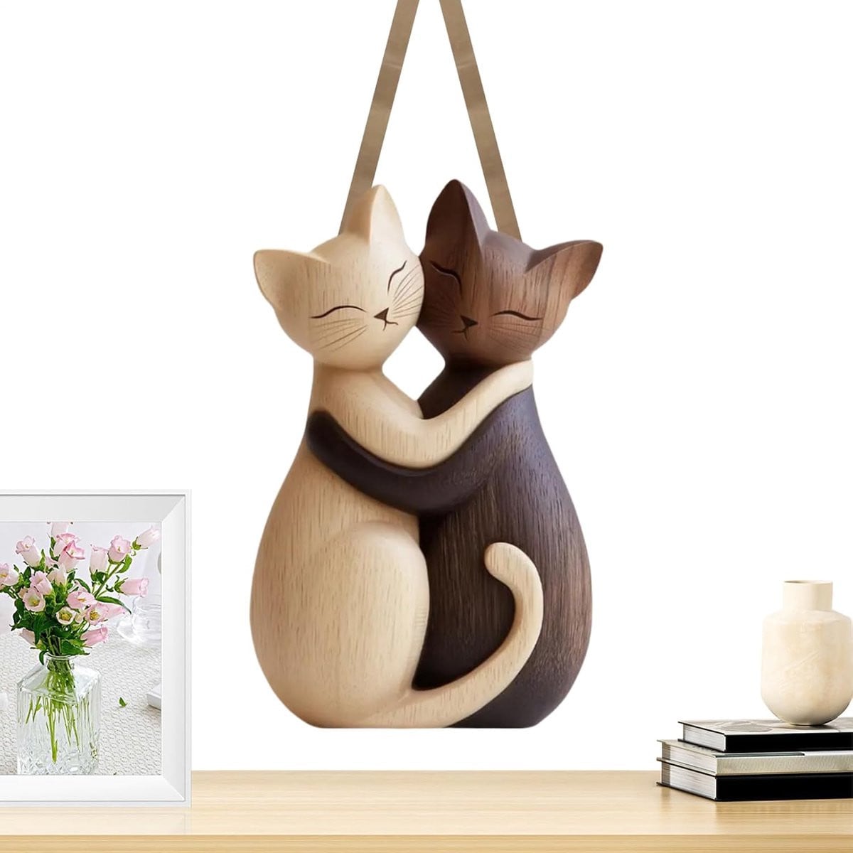 Houten Kattenbeeldje Decoratie Zwart Wit - 2.2 x 15.9 cm