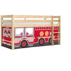 KINDERBETT Karolina 210x114x106 Massivholz Natur Textilset Feuerwehr