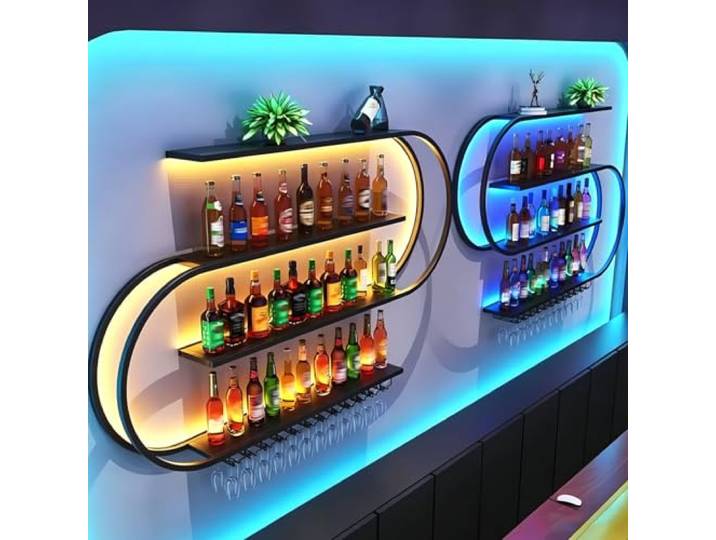 4 Ebenen Metall Wand Weinregale zur Wandmontage mit Glashalter Metall Bar Likör Weinflaschen Anzeige Schwarze industrielle schwimmende Regal Metal Weinflasche Weinglas Hängeregal (schwarz, 400cm)