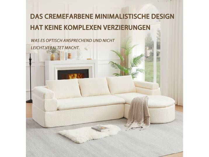 ELVORIN Canapé d'angle L avec chaise longue 3 places chenille beige crème design moderne salon