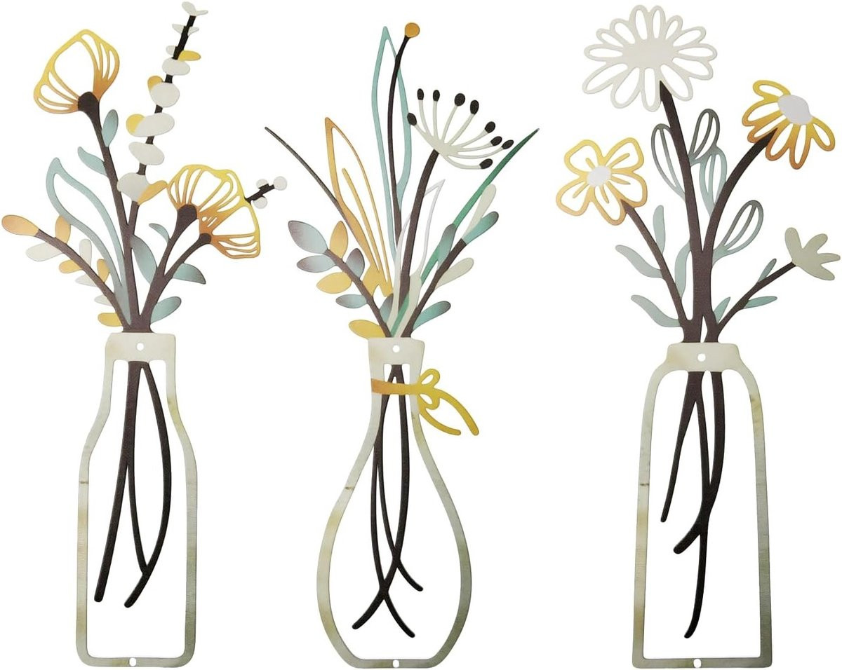 Set van 3 Metalen Bloemen Wanddecoratie voor Woonkamer, Slaapkamer en Badkamer - Minimalistische Wandkunst voor Thuis en Kantoor