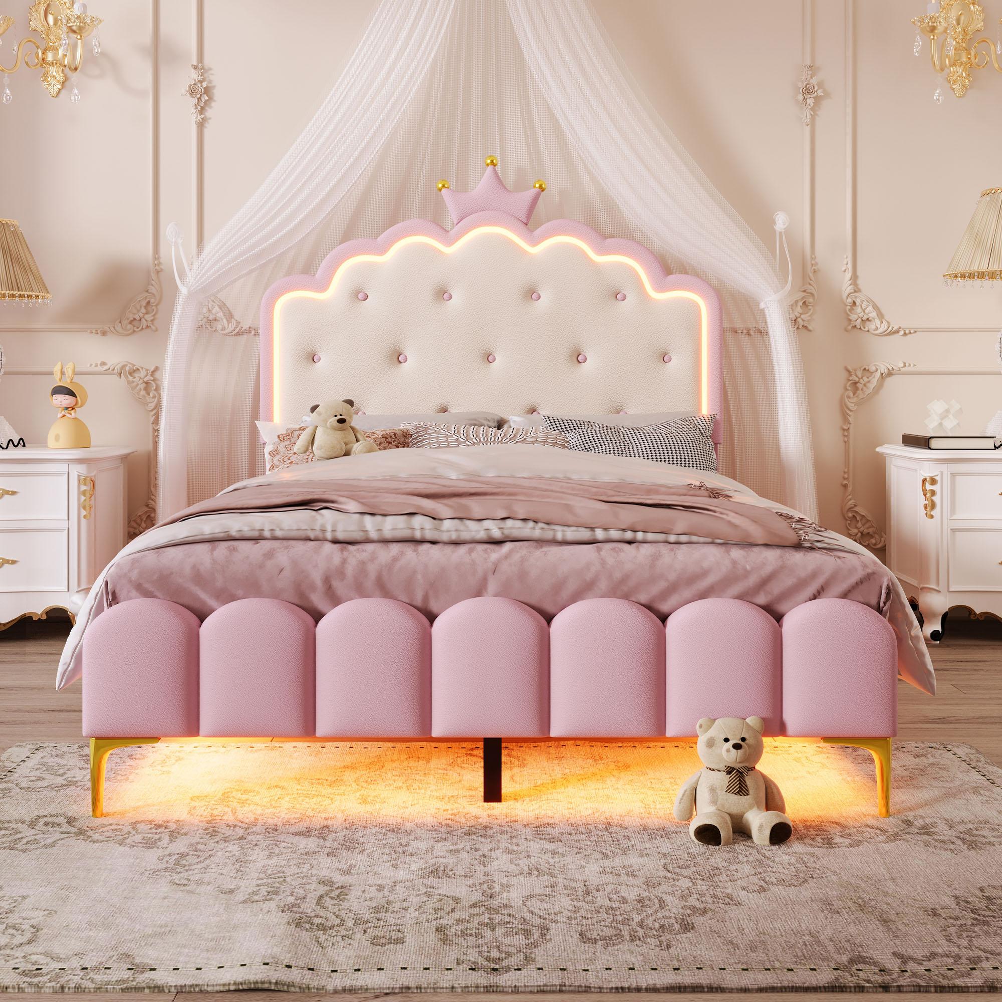 Polsterbett, 140 x 200 cm, mit Lattenrost (ohne Matratze), Ambiente-Licht mit Fernbedienung, Kronprinzessinnenform, Material PU, Rosa