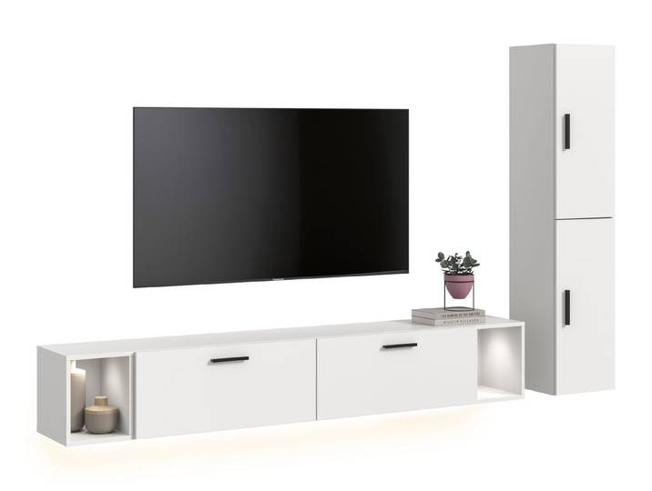 furnling Wohnzimmer-Set Onea, (6-St., inkl. LED-Beleuchtung), 2 Klappen, 2 Türen, 2 offene Fächer, Breite 259 cm, weiß