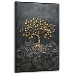 LEINWAND Bilder mit Rahmen - Blätter - Gold - Baum - Fels - 80x120