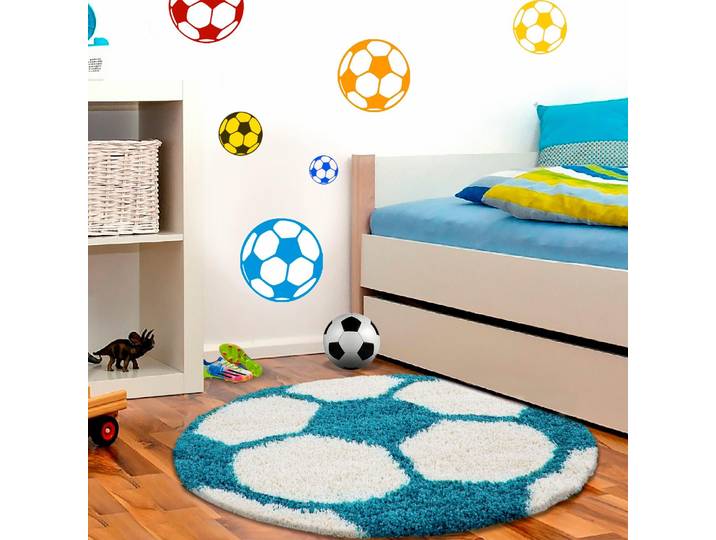Kinderteppich AYYILDIZ TEPPICHE Fun 6001 Gr. 9, blau (türkis), H:30mm Ø:100cm, Kunstfaser, Teppiche, Kinderteppich, robuster Kurzflor, Fussball, Kinderzimmer