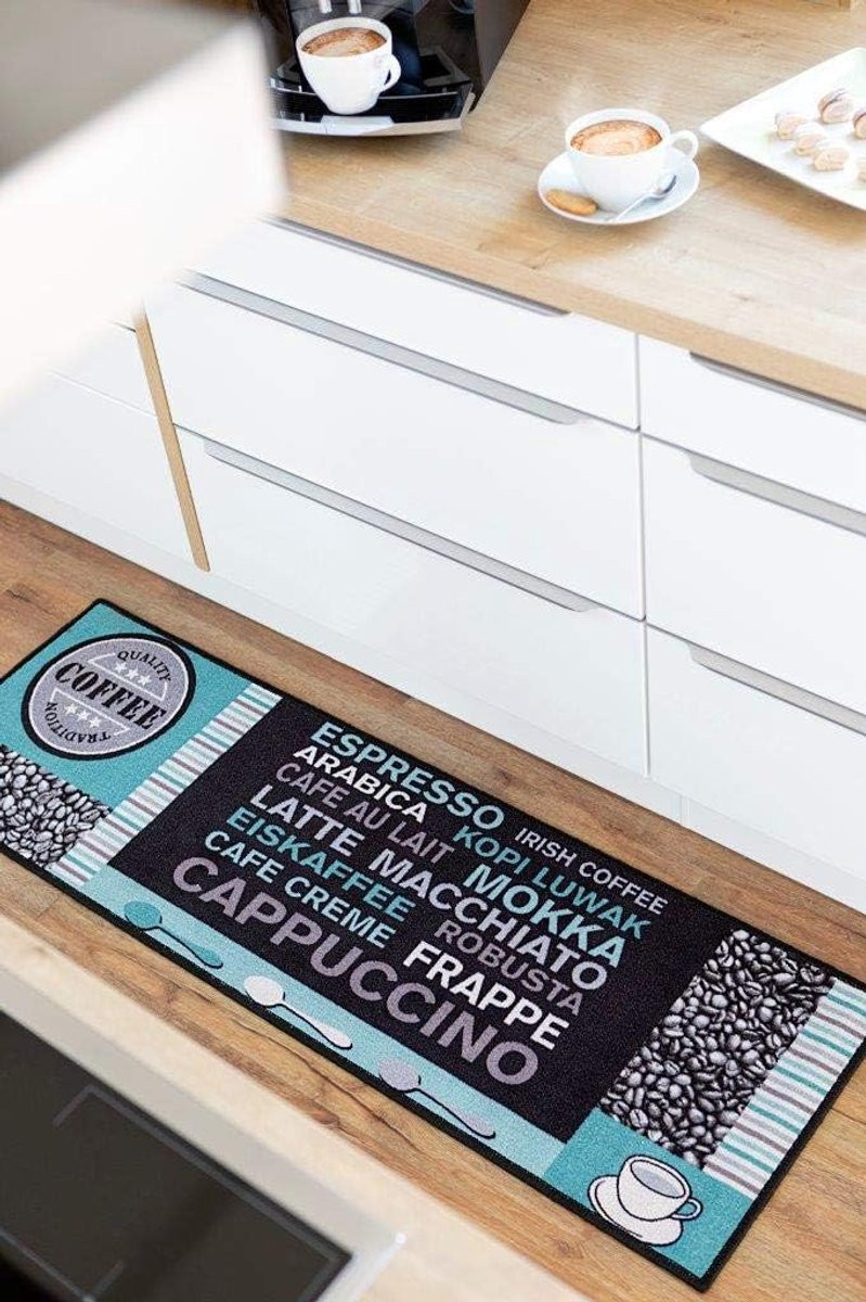 Machinaal geweven Keuken Runner Vloerkleed in Grijs-Turquoise, Breedte: 50 cm, Lengte: 150 cm