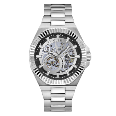 Automatikuhr GUESS "EQUITY", silber (silberfarben, schwarz), Armbanduhren, Herren, silberfarben, Automatikuhr, Armbanduhr, Herrenuhr, Mechanische Uhr, Edelstahlarmband, analog, Tag
