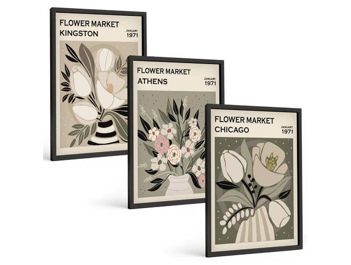 Tulup Bilder SET 3er Set - 40x60 cm Schwarzer Rahmen - Retro-Blumenarrangements, Kunststoff, Rechteckig, 40x60 cm, Fotografie, Bilder & Rahmen, Bilder