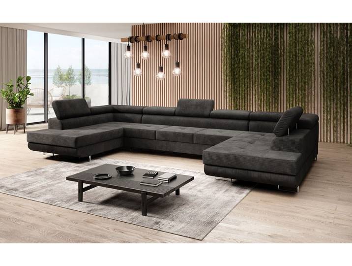 Designer Sofa Taormina mit Schlaf- und Klappfunktion in Cord - Schwarz - Cord - Luxusbetten24