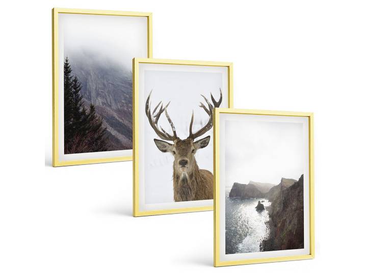 BILDER SET 3er Set - 40x60 cm Goldrahmen - Berglandschaft mit Hirschen