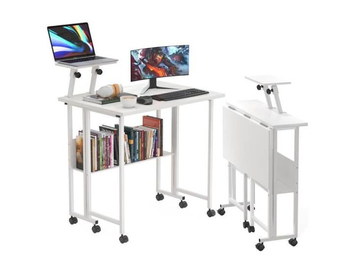 Bureau pliable - PIPIPOXER - Bureau d'ordinateur avec étagères de rangement - Blanc - Pliable - Avec roulettes