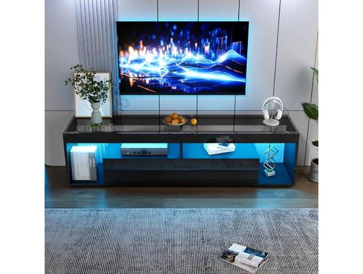 FammyLoft 180cm Hochglanz TV Schrank mit 2 Schubladen, TV Lowboard mit Stauraum, Fernsehschrank mit LED-Beleuchtung, Fernseher Schrank für 70-Zoll-Fernseher, Konsolentisch, Schwarz