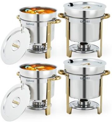 Garvee Round Soup Chafer, Stainless Steel Soup Warmer with Pot, Notched Lids & Fuel Holders, Commercial Food Warmer, Gold