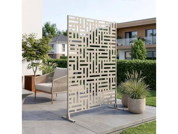 casa.pro Trennwand Bernalda Raumteiler 180 x 120 cm Balkonsichtschutz Outdoor Indoor Raumtrenner Terrasse Garten Stahl Paravent freistehend Knoblauchbeige