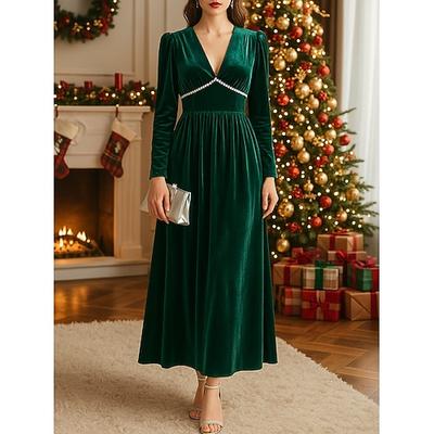 Grünes Samt-Maxikleid für Damen, Herbst/Winter, plissiert, festlich, für Geburtstage, normale Passform, V-Ausschnitt