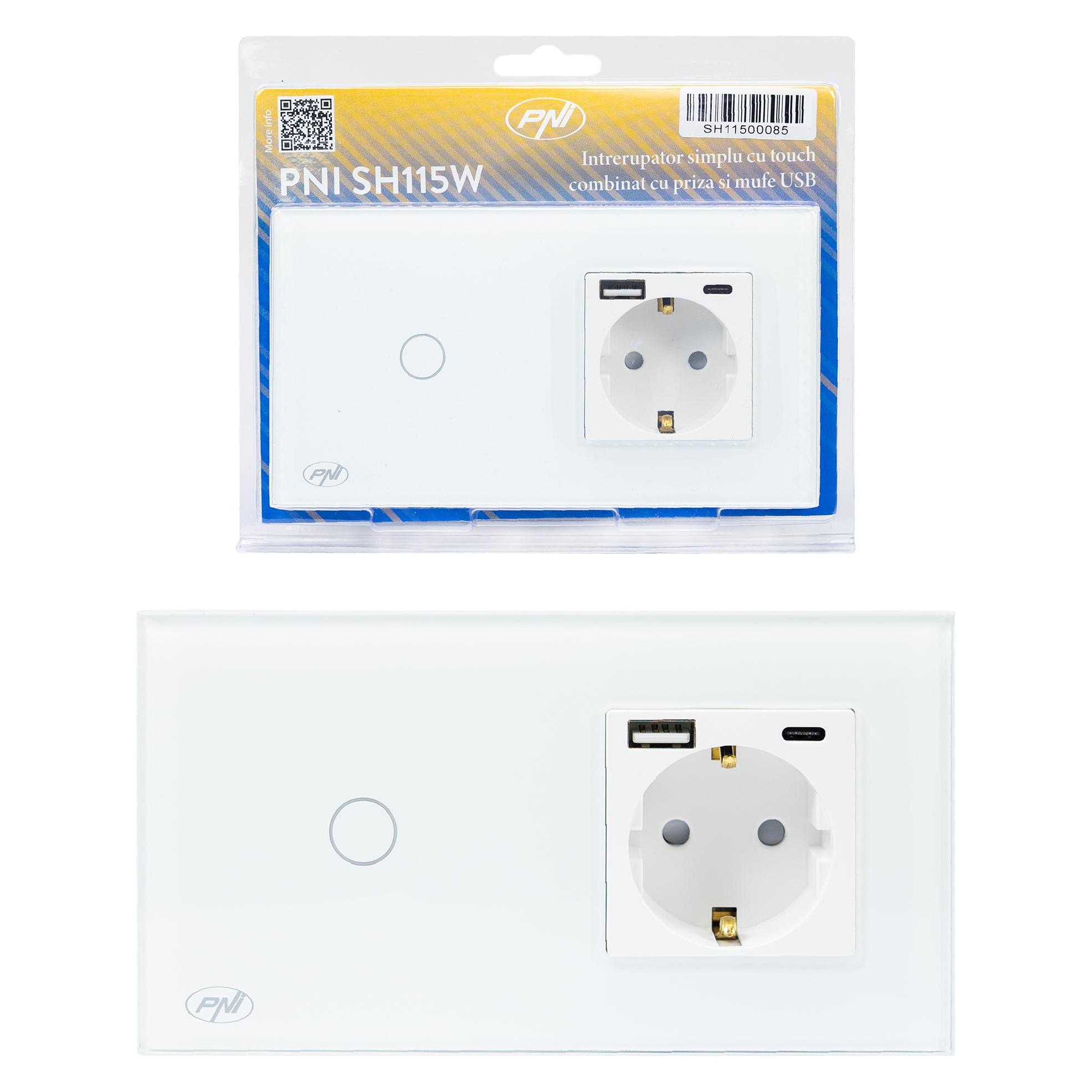 PNI SH115W einfacher Glasschalter mit Touch, kombiniert mit Schuko-Steckdose und USB-Steckern (43698060)