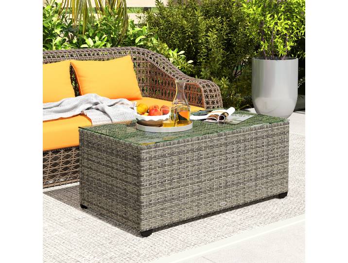 Outsunny Table Basse Jardin Résine Tressée Verre Gris 90x50x38cm