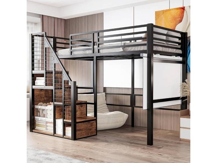 Lit mezzanine 90x200cm pour enfant avec échelle de sécurité compartiment de rangement espace de rangement ouvert lit simple Noir
