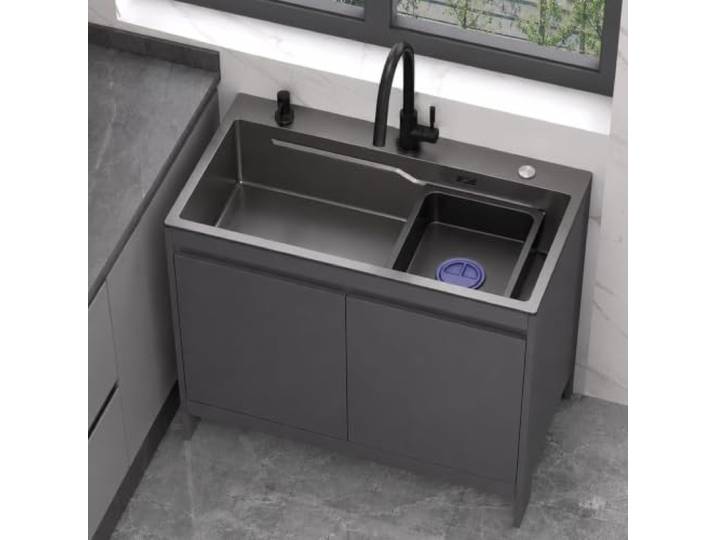 Spülenschrank Grau 68cm Edelstahl Spülbecken Dunkelgrau für Garten Versand in 2 separaten Paketen, Spülbecken Dunkelgrau mit Wabenaluminium Schrank, Warm/Kalt Armatur für Outdoor & Garten