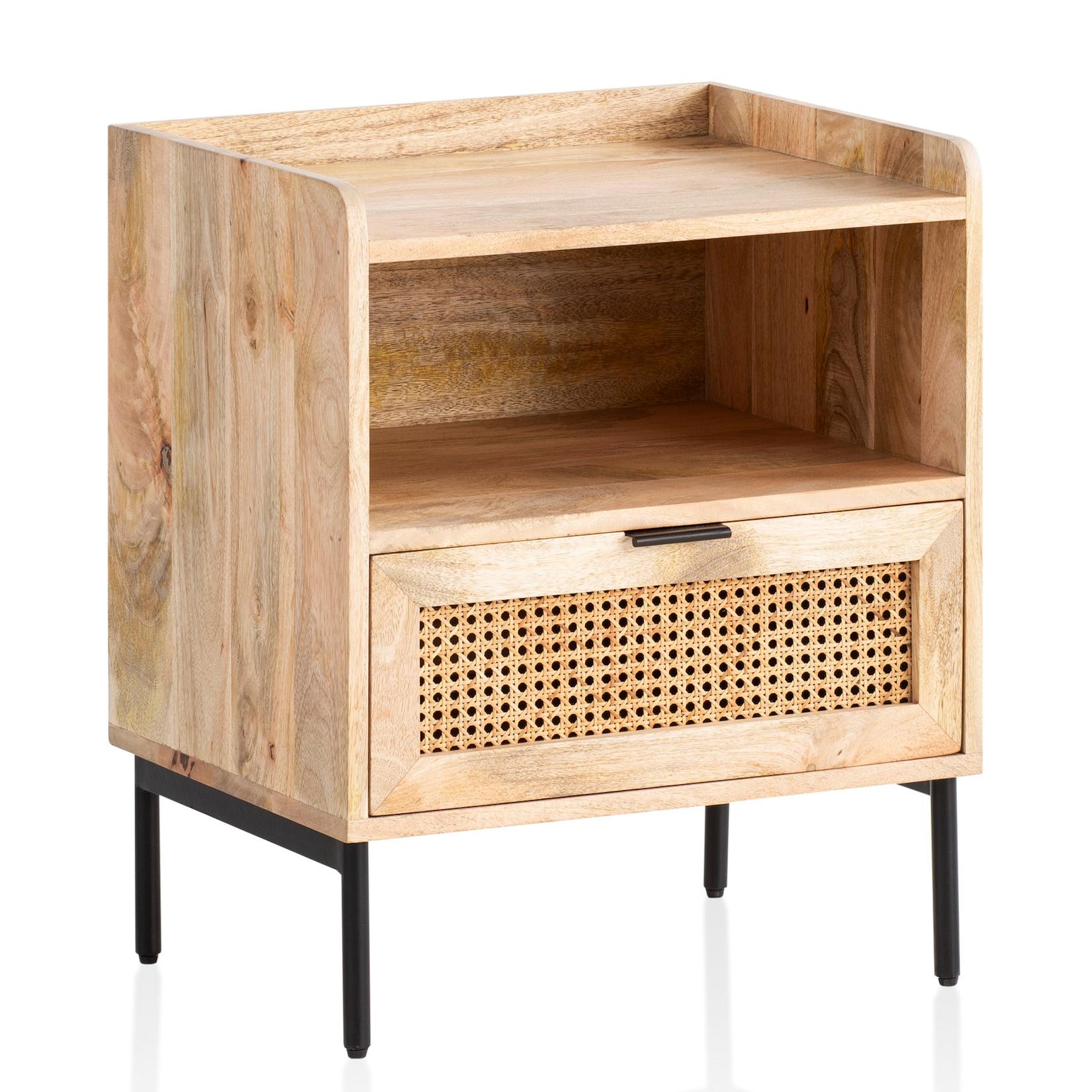Nachtkonsole Massivholz Rattan Nachttisch Schublade Ablage Nachtkästchen BOHO