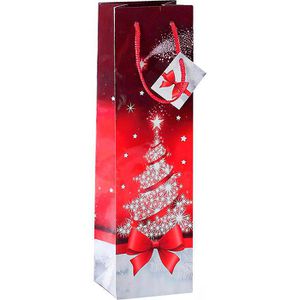 Sigel Geschenktüte GT024 Sparkling Tree, Flaschentüte, 10 x 35cm, rot, 5 Stück